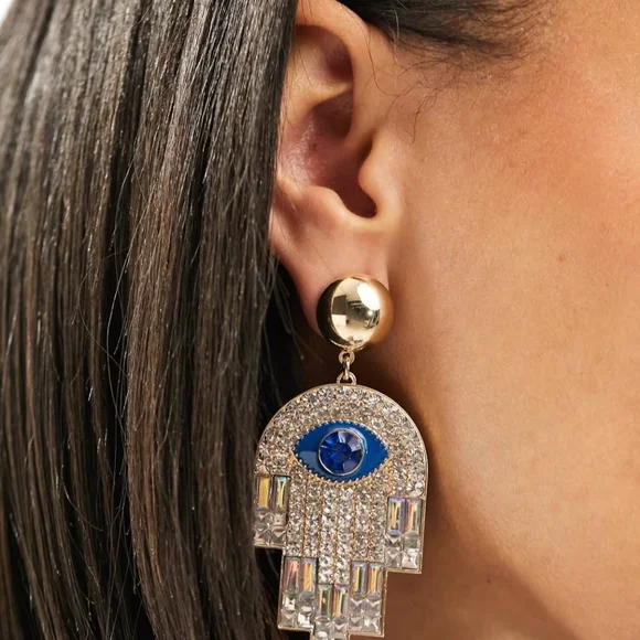 Aldo Gold Hamsa & Eye Drop Earrings with Blue Crystals Comes W Accessory Pouch - Picture 2 of 6
